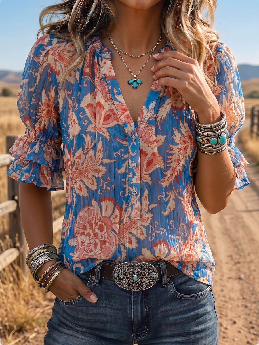 Vintage Art Comfortable Summer Fabrics Puff Sleeve Casual Shirt